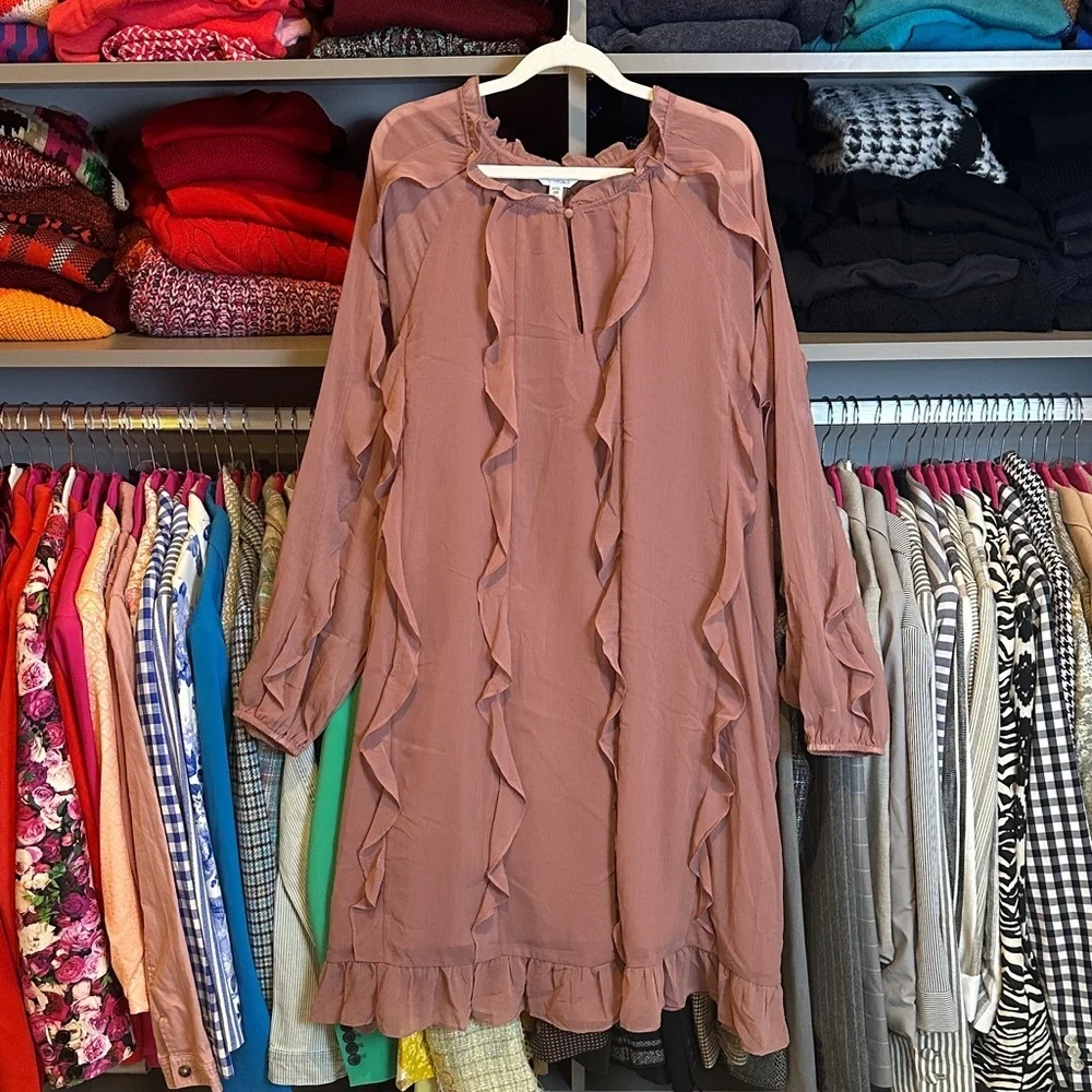 Time & Tru dusty pink long sleeve ruffled front button lined dress size XXL NWT